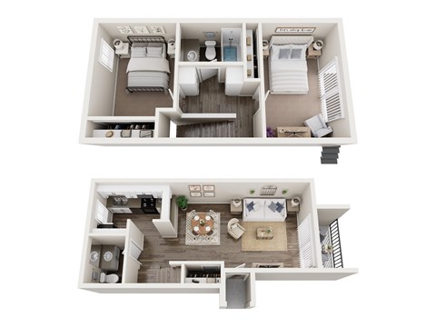 A top and bottom floor plan of a house with a kitchen, living room, and bedrooms.